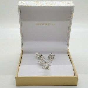 Charter Club Silver-Tone Crystal & Imitation Pearl Tulip Pin Brooch New in Box